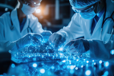 Researchers in lab coats manipulate luminous data strands, showing innovation and teamwork in technology.の写真素材