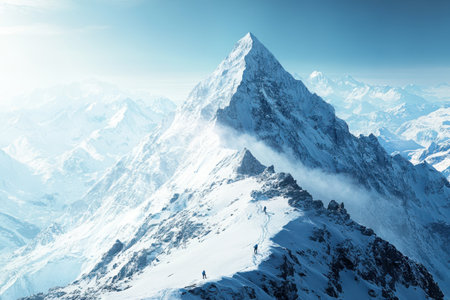 Adventurers navigate steep, snowy slopes toward a majestic mountain summit under a clear blue sky.の写真素材