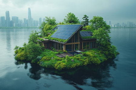 A unique eco-friendly home covered in greenery is isolated on an island, with a city backdrop.の写真素材