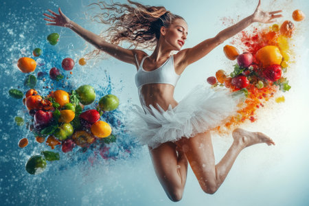 A dancer performs a graceful leap surrounded by vibrant splashes of various fruits, evoking energy and joy.の写真素材