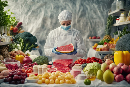 A chef wearing protective gear examines beef while fresh fruits and vegetables fill the surrounding table.の写真素材