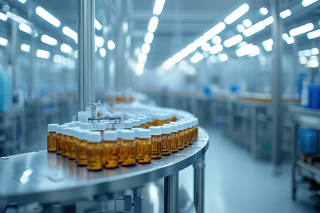 A production line is filled with amber bottles as they travel on a conveyor belt in the factory.の写真素材
