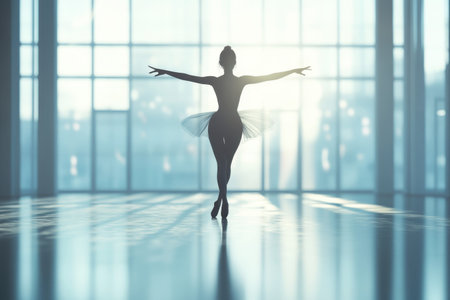 A ballet dancer performs an elegant pose amidst bright sunlight streaming through large windows.の写真素材