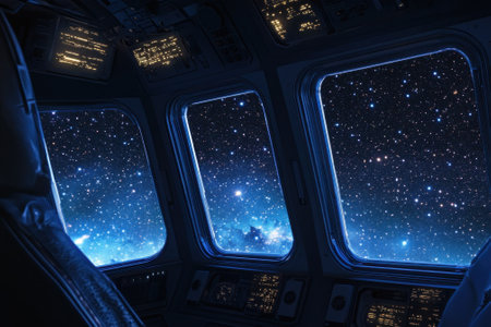 The cockpit showcases a stunning view of the night sky filled with stars, highlighting the vastness of space.の写真素材