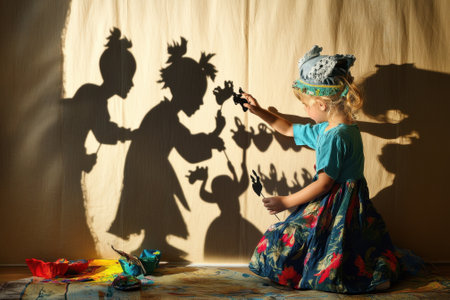 A young child engages in imaginative play, casting shadow puppets on a wall with sunlight streaming in.の写真素材
