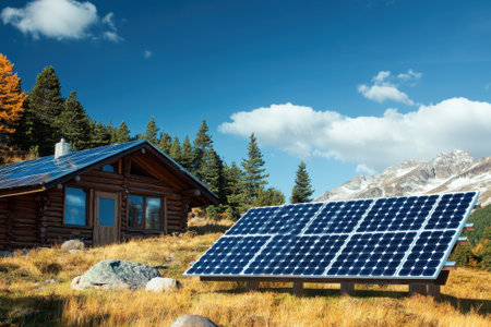 Solar panels are positioned near a wooden cabin surrounded by trees and mountains under a bright sky.の写真素材