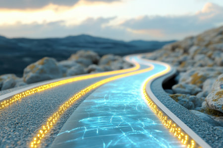A winding path illuminated with glowing lines alongside a water effect set against a dramatic sky at dusk.の写真素材