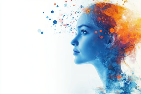 Vibrant colors merge with a woman's profile, illustrating creativity and artistic inspiration vividly.の写真素材