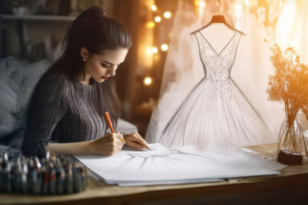 A fashion designer concentrates on sketching a dress design in a warmly lit studio filled with creativity.の写真素材