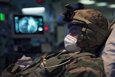A soldier in uniform relaxes on a medical bed while medical equipment monitors vital signs nearby.の写真素材