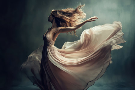 A dancer showcases her skill and beauty by spinning in a flowing gown, creating a sense of movement and elegance.の写真素材