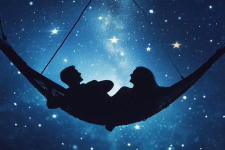 Two figures enjoy a peaceful moment in a hammock, gazing at the starry sky above them.の写真素材