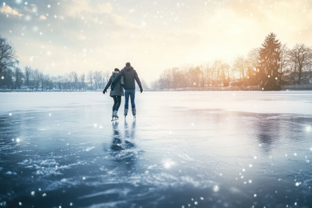 A couple skates hand in hand on a serene frozen lake as the sun sets in a chilly winter atmosphere.の写真素材