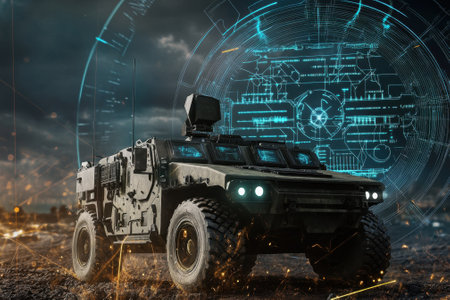 Armored vehicle equipped with high-tech features on a rugged terrain under a moody sky, emphasizing innovation.の写真素材