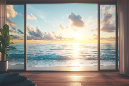 A stunning sunrise casts vibrant colors over the ocean, visible from a coastal living space with large windows.の写真素材