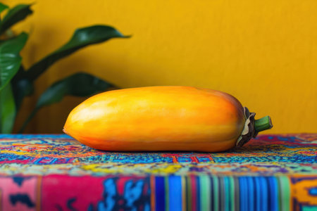 A vibrant orange fruit lies on colorful patterned fabric, set against a bright yellow wall with greenery nearby.の写真素材