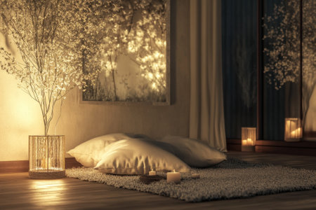 A serene indoor space features soft pillows on a rug, ambient candles, and a decorative tree adding warmth.の写真素材
