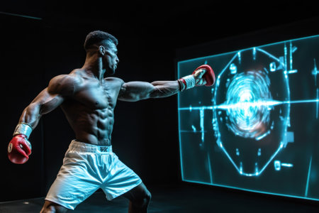 A muscular boxer delivers a punch while focused on a digital target during an intense training session.の写真素材