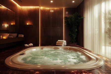 A spacious indoor spa features a warm bathtub, soft lighting, and tropical plants for a serene atmosphere.の写真素材