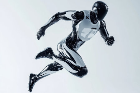 A sleek, black and white robot appears to be sprinting, highlighting its cutting-edge features and design.の写真素材