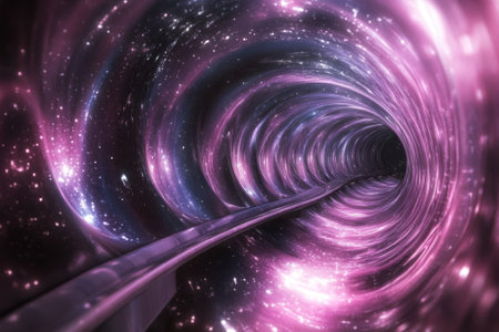 A colorful spiral tunnel filled with stars and glowing light creates a mesmerizing cosmic journey.の写真素材