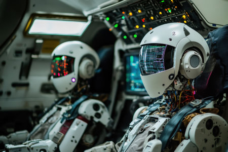 Two robotic figures in a spacecraft cockpit are engaged in a simulated space mission with illuminated controls.の写真素材