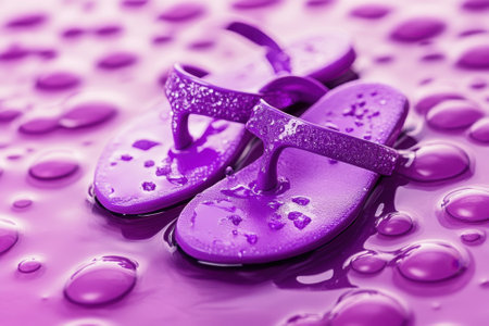 Bright purple sandals are placed on a shiny surface decorated with assorted water droplets.の写真素材