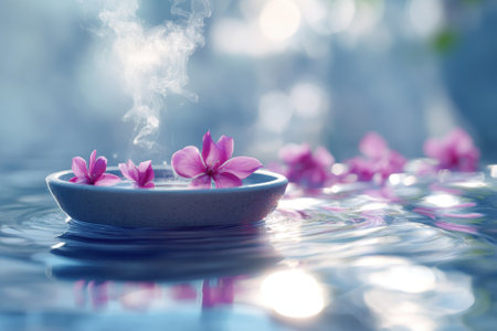 Soft steam rises from a shallow dish with pink flowers, creating a calming atmosphere by the water.の写真素材