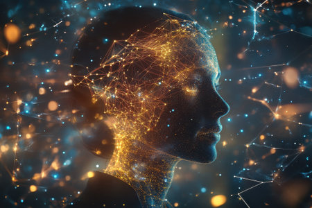 A glowing profile of a human head surrounded by bright, interconnected lines and particles suggests intelligence.の写真素材