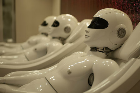 Humanoid robots are positioned in a sleek lounge, showcasing their futuristic design and advanced technology.の写真素材
