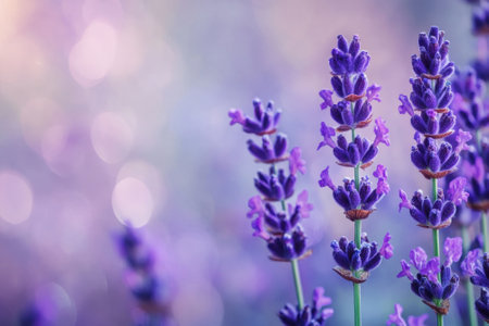 Lavender flowers stand tall in a serene sunset garden, displaying vibrant purple against a soft backdrop.の写真素材