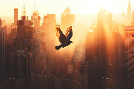 A bird flies gracefully above a bustling city skyline, illuminated by warm golden sunset light.の写真素材