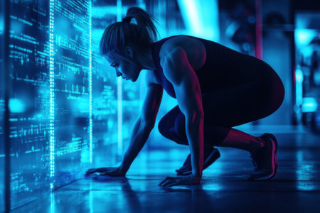 Athlete engages in focused workout routine in a high-tech gym illuminated by neon lights.の写真素材