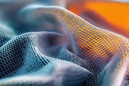 Detailed view of a textured mesh fabric featuring dynamic colors and fluid shapes, emphasizing its intricate design.の写真素材
