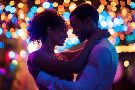 A joyful couple shares an intimate moment while dancing amidst bright, colorful lights during a festive celebration.の写真素材