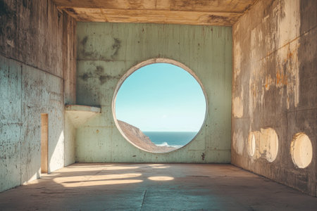 An empty concrete room features a large circular window showcasing stunning ocean views and cliffs outside.の写真素材