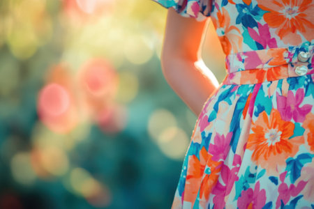 A person stands in a colorful garden, showing a bright floral dress with bold patterns under sunlight.の写真素材