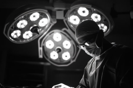 A skilled surgeon focuses intently on an operation under bright surgical lights, ensuring precision and care.の写真素材