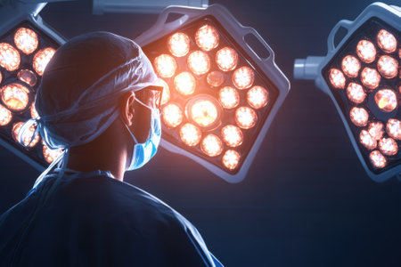 A focused medical professional stands ready for surgery, illuminated by overhead surgical lights in a hospital.の写真素材