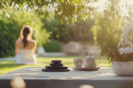 A person enjoys a peaceful moment in a serene garden surrounded by greenery and a tea set.の写真素材