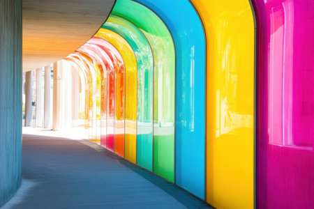 A bright, multicolored archway leads visitors through a modern urban landscape filled with energy.の素材