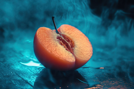 A halved peach emits steam in a soft blue glow, showing its juicy texture and rich colors.の写真素材