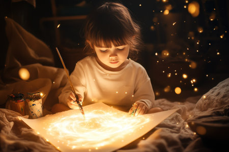 Young child expresses creativity by painting luminous designs in a dimly lit room filled with warmth.の写真素材