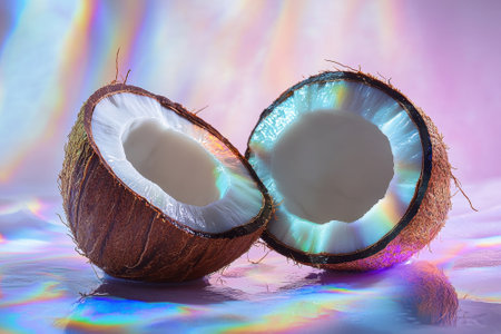 Cut coconut halves reveal their smooth, white flesh and textured brown shell against a colorful backdrop.の写真素材