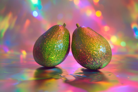 Two ripe avocados rest together, their surfaces reflecting a stunning array of colorful lights.の写真素材