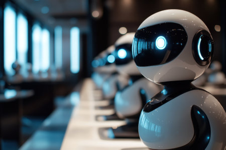 A row of robots stands ready at a futuristic service counter, showcasing advanced technology and design.の写真素材