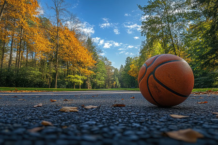 A vibrant basketball lies on a park path with colorful autumn leaves and trees in the background.の写真素材