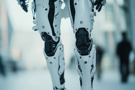 A sleek white robot stands in a busy urban area, showcasing advanced technology and innovation amidst pedestrians.の写真素材