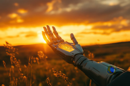 A robotic hand extends towards a stunning sunset over a grassy field, capturing a moment of wonder.の写真素材