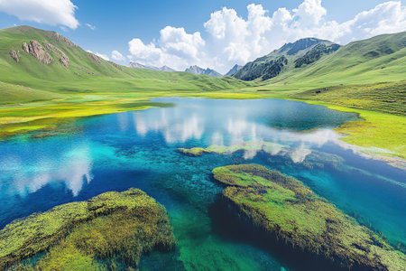 Vibrant blue lake reflects clouds and mountains, with lush green meadows flourishing nearby in a serene landscape.の写真素材